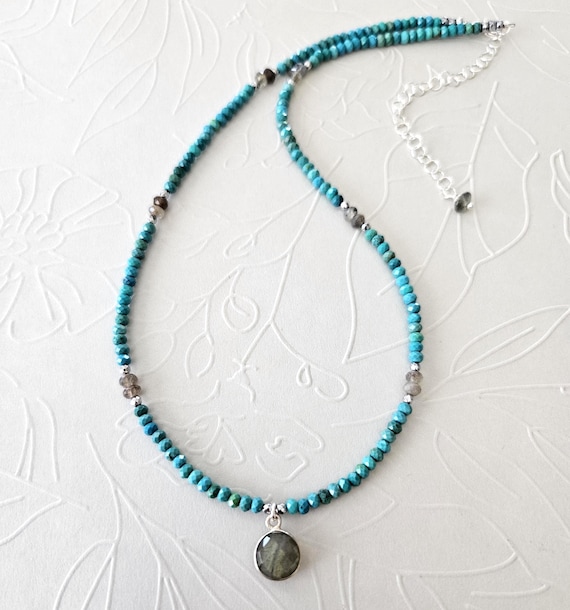 Dainty Turquoise and Labradorite Pendant Necklace Sterling Silver