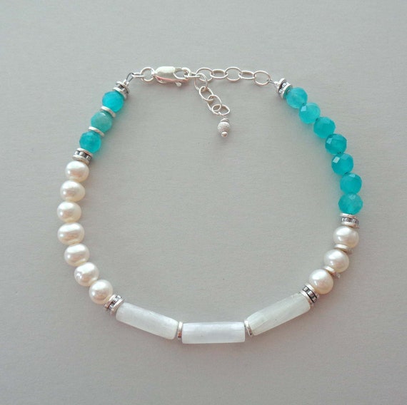 White Pearl, Selenite and Blue Amazonite Bracelet / Resort Jewelry / Sterling Silver Beachy Jewelry / Blue Ocean Jewelry