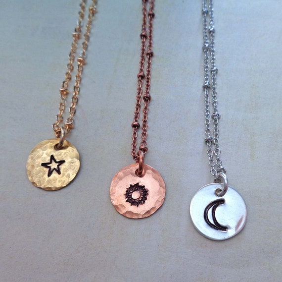 Celestial Bodies Charm Necklace / Sun Moon Star Jewelry / Sterling Silver Small Sun Moon Star