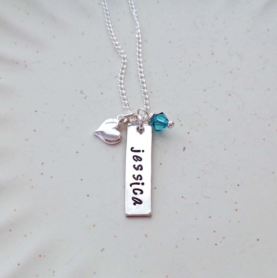 Silver Bar Necklace with Gemstone Birthstone and Heart / New Baby Gift / Mothers Necklace / Custom Name Birthday Gift