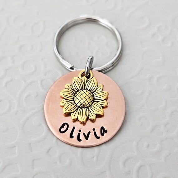Personalized Sunflower Keychain – Hammered Copper Disc, Custom Name