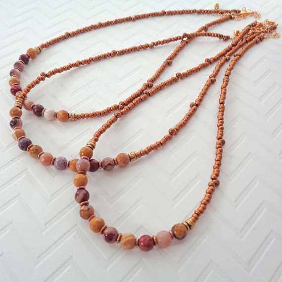Mookaite Jasper Beaded Necklace / Earthy Crystal Jewelry / Colorful Stone Necklace / Boho Copper Beaded Jewelry