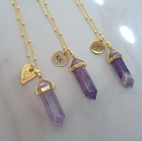 Amethyst Point Gold Necklace / Lotus Heart Charm / Custom Initial Word Name / Amethyst Jewelry / Crown Chakra Stone