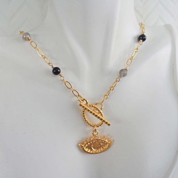 Gold Evil Eye Protection Necklace / Toggle Clasp Pendant / Wire-wrapped Black Tourmaline & Labradorite Jewelry