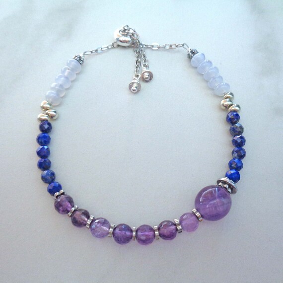 Amethyst Lapis Lazuli Blue Lace Agate Bracelet / Stress Relief Bracelet / Anti-anxiety Jewelry / Empath Protection Gift