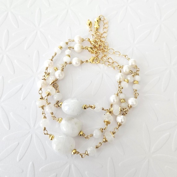 Gold Moonstone & Pearl Wire-wrapped Bracelet: June Birthstone Gift