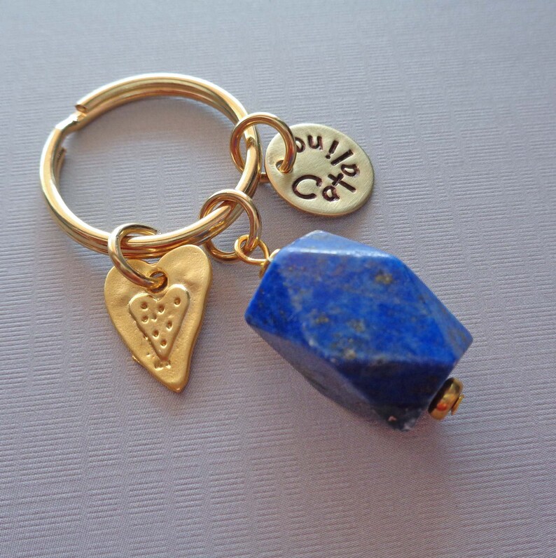 Lapis Lazuli Personalized Keychain / Heart Charm Gold Lapis / Etsy
