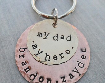 My Dad My Hero Personalized Keychain - Father Dad - Hand-Stamped Custom Names - Father Hero Keychain - Fathers Day Gift