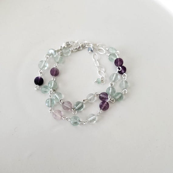 Fluorite Sterling Silver Bracelet: Light Green Purple Crystals