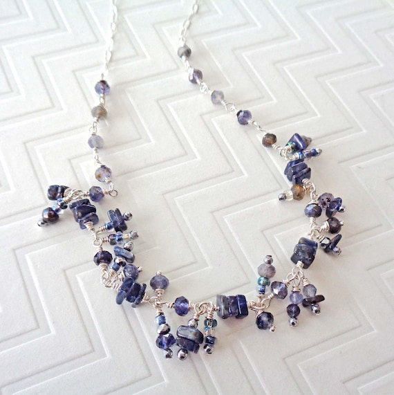 Iolite Sterling Silver Necklace / Wire-wrapped Iolite Jewelry / Glam Iolite Silver Dangles Necklace / Blue Stone Sterling Silver