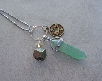 Aventurine Point Necklace: Chinese Coin, Pyrite, Citrine - Good Luck Gift