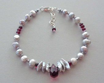 Fluorite, Garnet, AA Keshi and Potato Gray Pearls Bracelet in Sterling Silver / Glam Gray Pearl Bracelet / Siren Jewelry