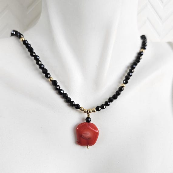 Striking Coral and Black Spinel Necklace: Dainty Gold Jewelry