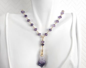 Gold Amethyst Pendant Y-Necklace Wire-wrapped