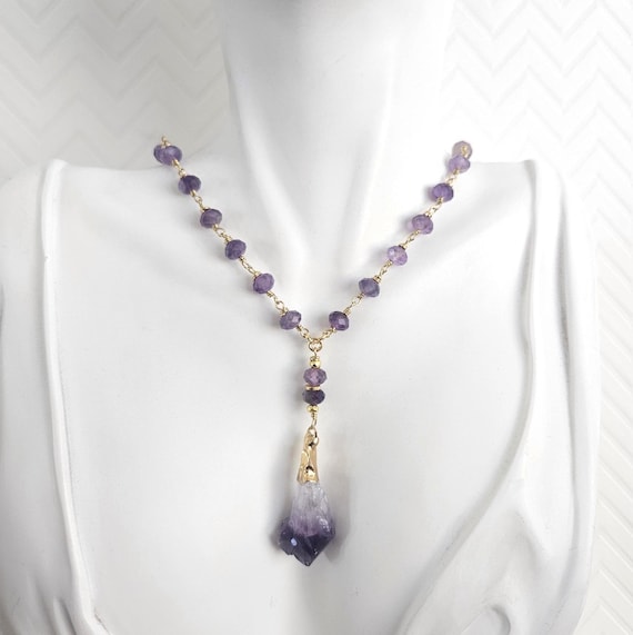 Gold Amethyst Pendant Y-Necklace Wire-wrapped