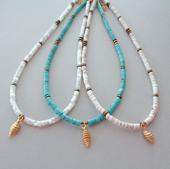 Beaded Gold Seashell Crystal Necklace / Mother of Pearl, Turquoise, Howlite Heishi Beaded Necklaces / Summer Beach Jewelry