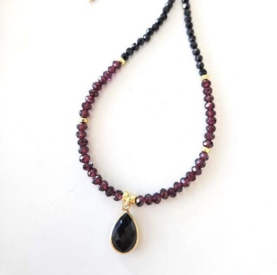Garnet Black Tourmaline and Onyx Pendant Beaded Necklace - Romantic Jewelry