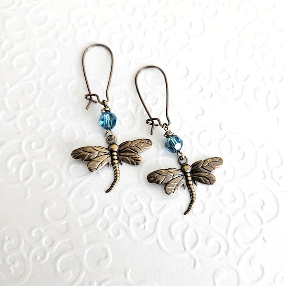 Dragonfly Brass Earrings Kidney Wire Drops