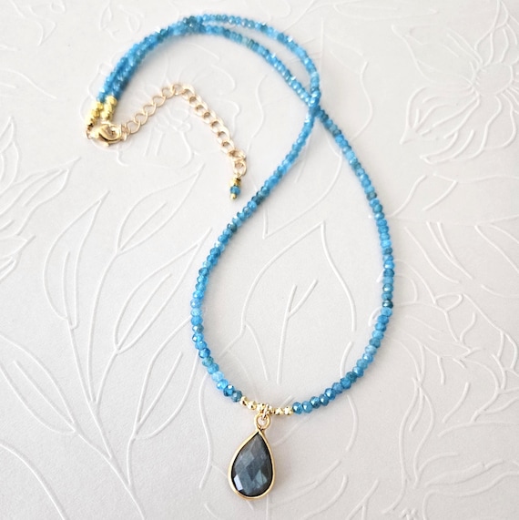 Dainty Apatite Necklace with Blue Flash Labradorite Pendant in Gold