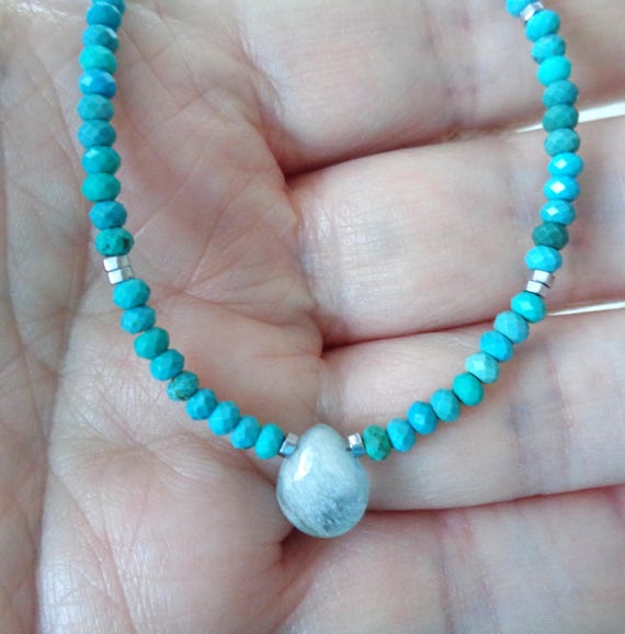 Dainty Turquoise and Aquamarine Necklace / Minimalist Turquoise Jewelry Sterling Silver