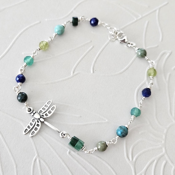 Mixed Gemstones Dragonfly Bracelet Sterling Silver Turquoise, Green Jade, Peridot, Lapis Lazuli