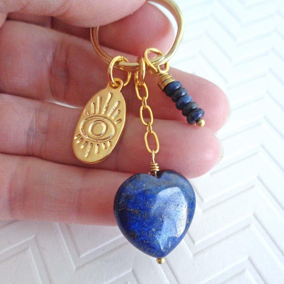 Lapis Lazuli Heart & Evil Eye Key Ring / Lapis Keychain / Evil Eye Protection Keychain