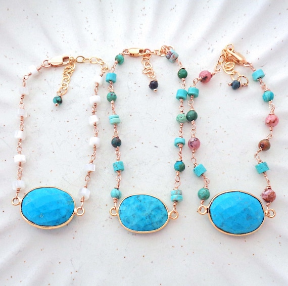 Turquoise Bezel Gold Fill Wire-wrapped Bracelets / Genuine Turquoise / Mother of Pearl Bracelet / Ready to ship Unique handmade Gifts