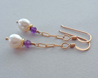 Amethyst and Akoya Pearl Gold Fill Drop Earrings / February Birthstone Birthday Gift / Elegant Pearl Earrings