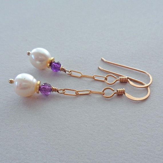 Amethyst and Akoya Pearl Gold Fill Drop Earrings / February Birthstone Birthday Gift / Elegant Pearl Earrings