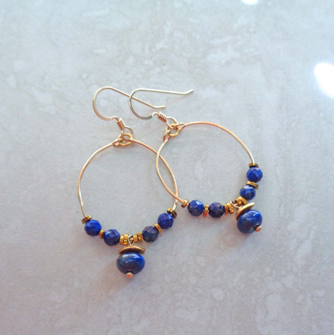 Lapis Lazuli Gold Fill Hoops / Hand-formed Long Hoops / Lapis Lazuli ...