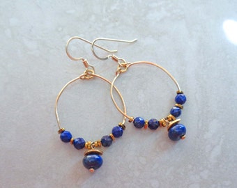 Lapis Lazuli Gold Fill Hoops / Hand-formed Long Hoops / Lapis Lazuli Earrings / Blue Lapis Jewelry