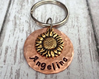 Sunflower Keychain - Personalized Name Keychain - Custom Name - Sunflower Gift - Rustic Wedding Gift - Sunflower Key Holder