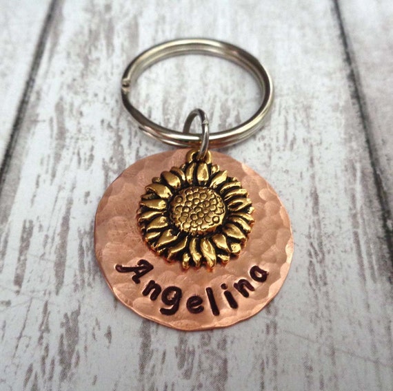 Sunflower Keychain - Personalized Name Keychain - Custom Name - Sunflower Gift - Rustic Wedding Gift - Sunflower Key Holder