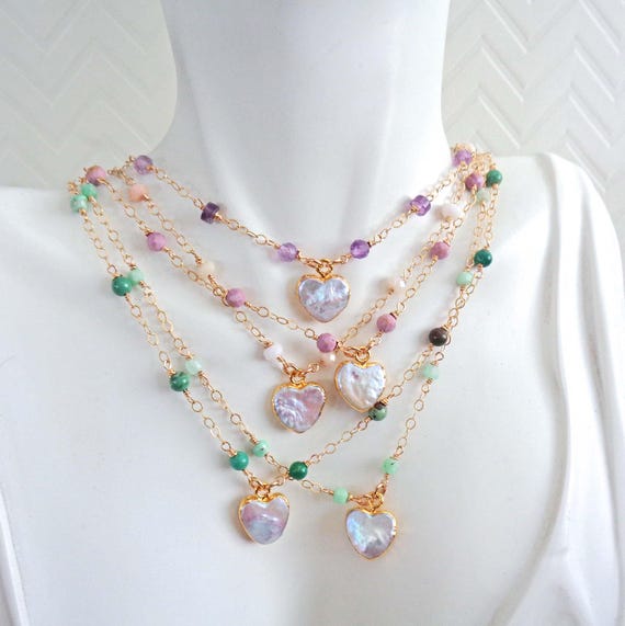Gold-Fill Gemstone & Pearl Heart Necklace / Dainty Gold Fill Pearl Necklace / Amethyst, Pink Opal, Chrysoprase, Phosphosiderite, Turquoise