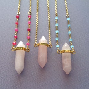 Double Terminated Rose Quartz Pendant Necklace: Ruby or Aqua Chalcedony