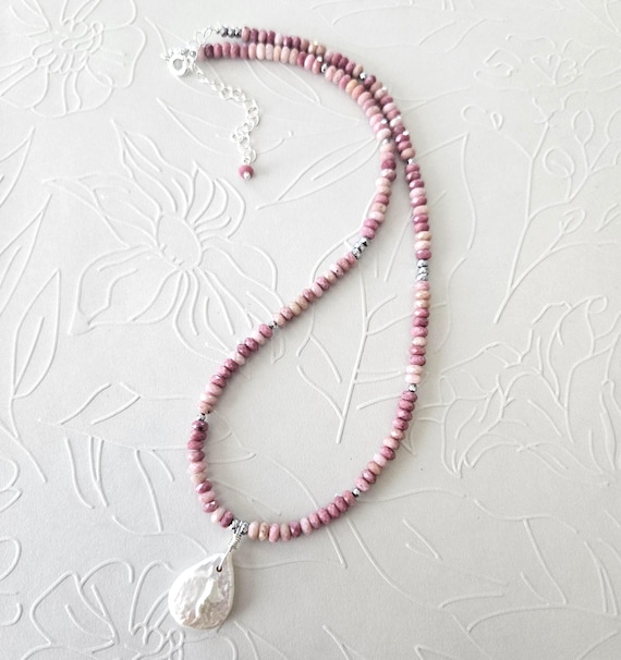 Rhodonite & Coin Pearl Beaded Necklace Sterling Silver