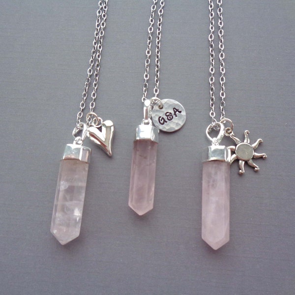 Silver Rose Quartz Point Necklace / Personalized Initials Valentines Gift / Pink Love Stone / Heart Sun Charm Rose Quartz Pendant