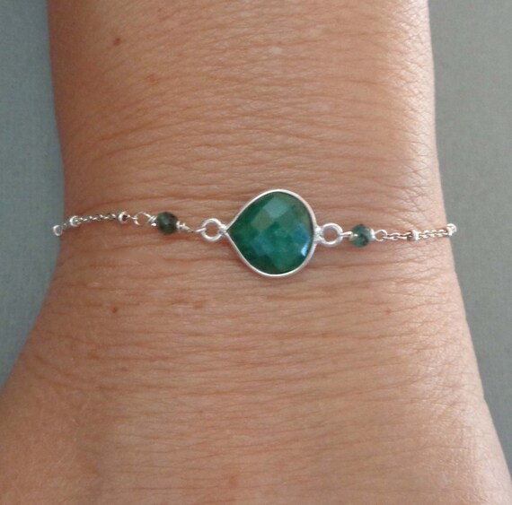 Stone of Successful Love Brings Harmony Emerald & Pyrite Dainty Bracelet Promotes Positive Thinking Sterling Silver May Birthstone