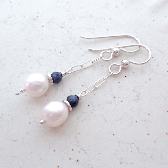 September Birthstone Earrings / Sapphire and Pearl Drops / Sterling Silver or Gold-Fill