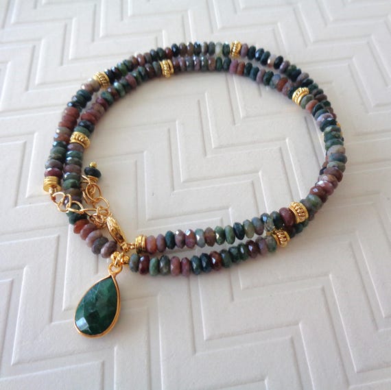 Indian Agate and Emerald Beaded Necklace / Elegant Luxe Necklace / May Birthstone Gift / Fall Jewelry Earthy Gems