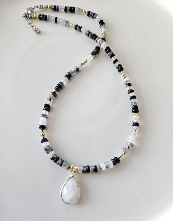 Moonstone and Black Tourmaline Rutilated Quartz Necklace / Beaded Black White Crystals Mixed metals