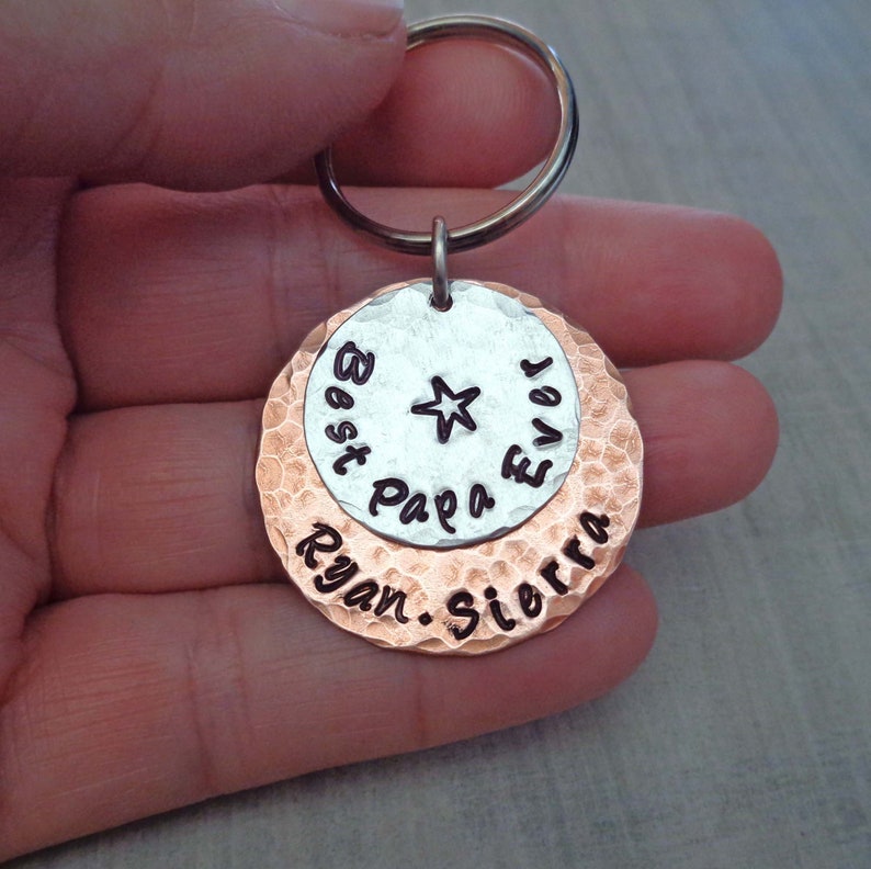 Best Papa Ever Keychain / Fathers Day Gift / Best Dad Ever / Hand-Stamped Custom Names / Grandpa Nonno Gift image 2