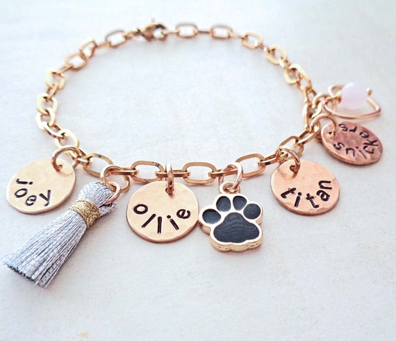 Pet Names Charm Bracelet / Personalized Dog Cat Names / Gold Chunky Charm Bracelet / Pet Love Gift Paw