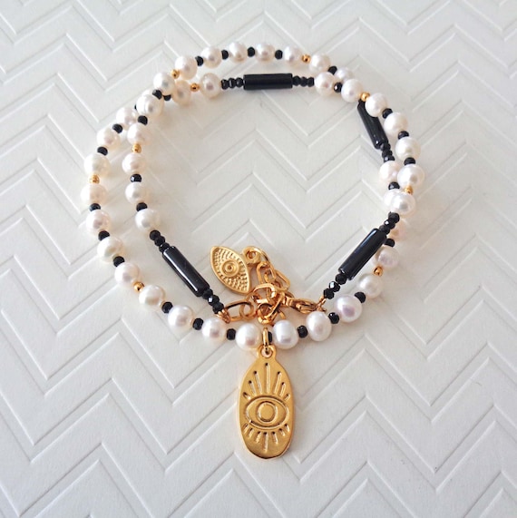 Freshwater Pearl and Evil Eye Protection Necklace / Black Tourmaline Onyx Jewelry / Beaded Pearl Necklace / Boho Protection Jewelry