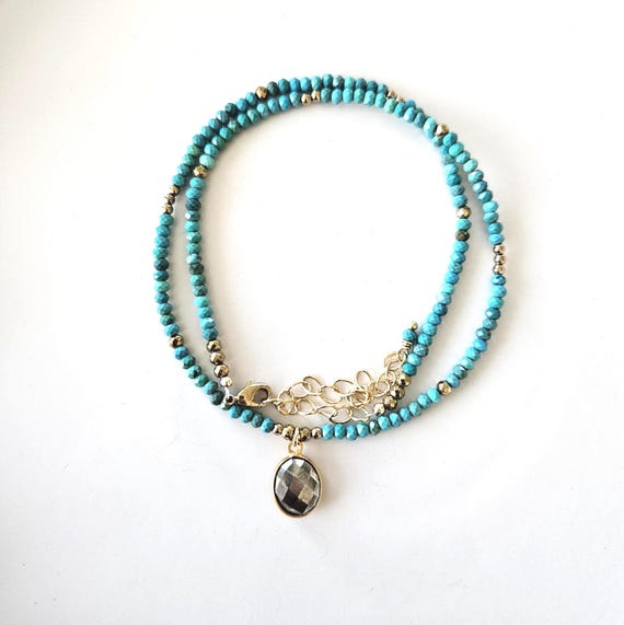Dainty Turquoise and Pyrite Pendant Necklace in Gold