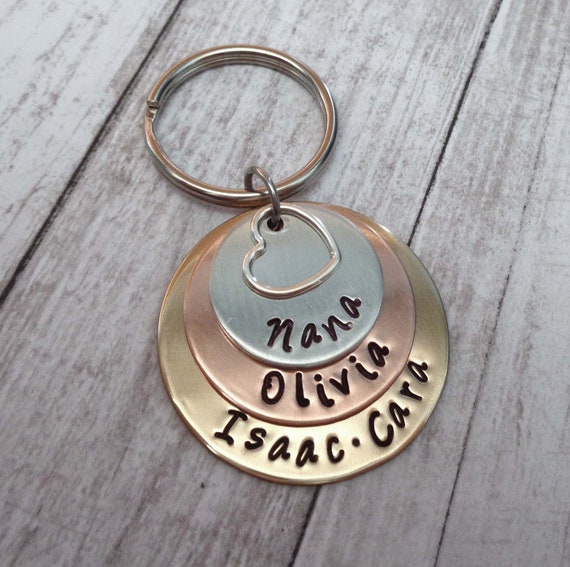 Nana Love Stacked Keychain - Personalized Names Hand Stamped Keychain- Grandma Mom Keychain