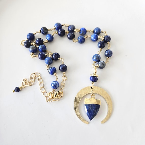 Wire-Wrapped Brass Moon & Lapis Lazuli Necklace