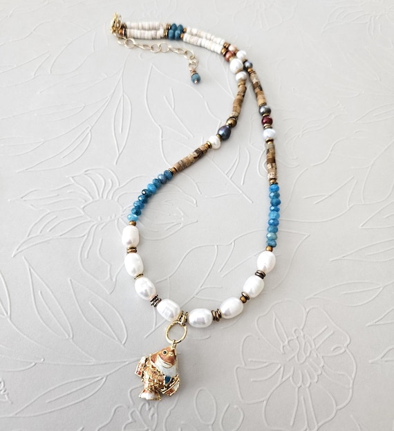 Fish Necklace with Pearls, Apatite, Jasper, Howlite - White - Earthy tones - Boho Blue Jewelry