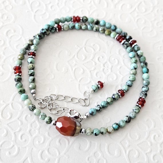 African Turquoise and Carnelian Beaded Necklace / Handmade Turquoise Jewelry