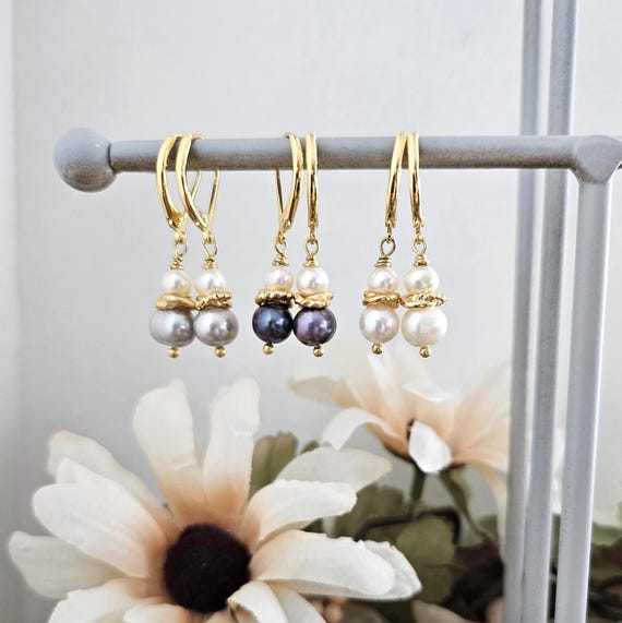 Gold Pearl Drops Lever Back Earrings: white, peacock, and gray pearls